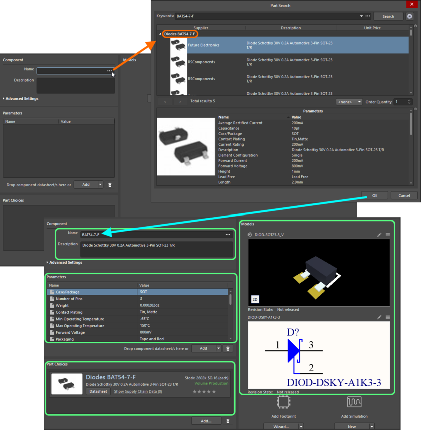 Use the Part Search dialog to find the required manufacturer part - be sure to select one of its available vendors/suppliers before clicking OK. The image shows all data for that

part being brought into the Component Editor.