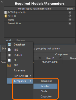 Access parameter templates from the menu associated to the

region's Add control.