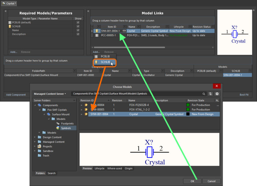 Example of referencing a revision of a Symbol Item as a model link, when direct editing a revision of a Component Item (managed component) using the Batch Editor.