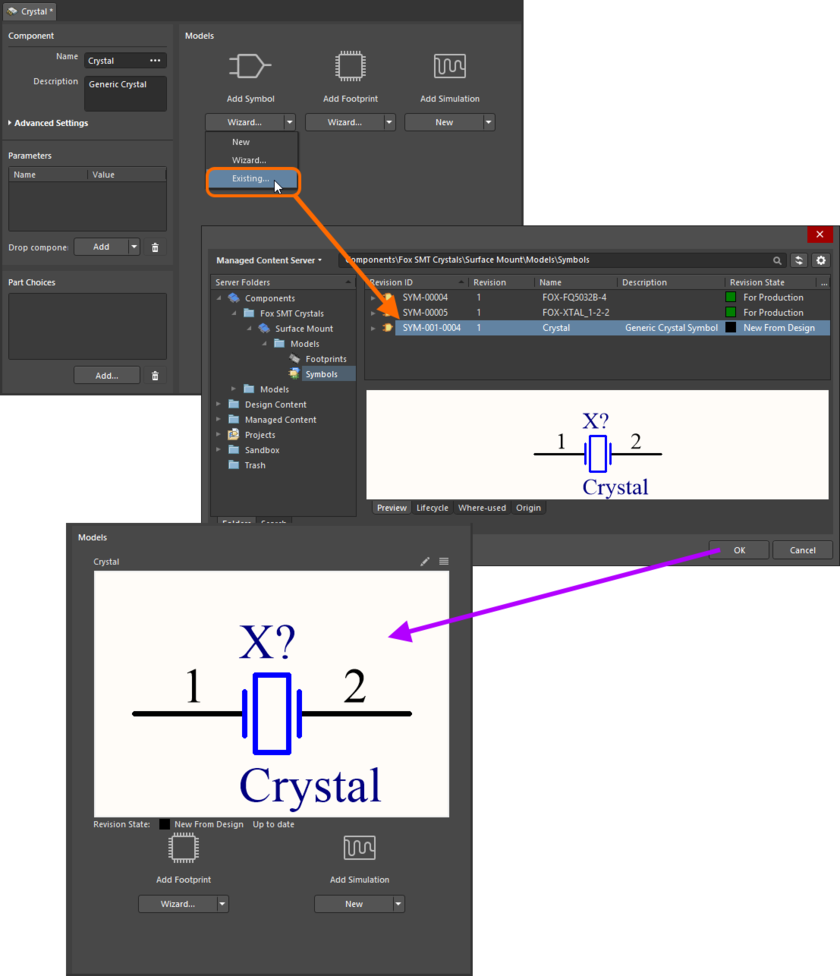 Example of referencing a revision of a Symbol Item as a model link, when direct editing a revision of a Component Item (managed component) using the Single Component Editor.