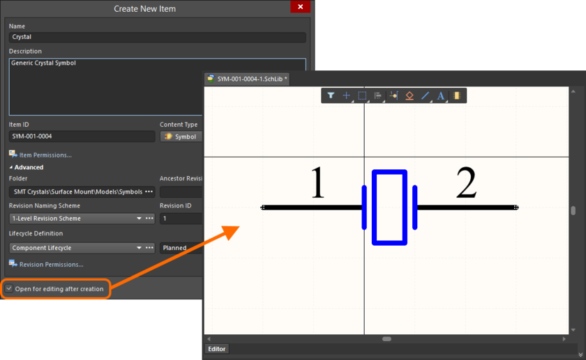 Example of editing the initial revision of a Symbol Item, directly from the managed content server - the temporary Schematic Library Editor provides the document with which to

define your schematic symbol.