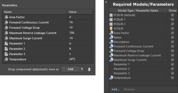Example of parameters after linking to a revision of a Component Template Item, when using the Component Editor in

Single Component Editing mode (left) and Batch Component Editing mode (right).