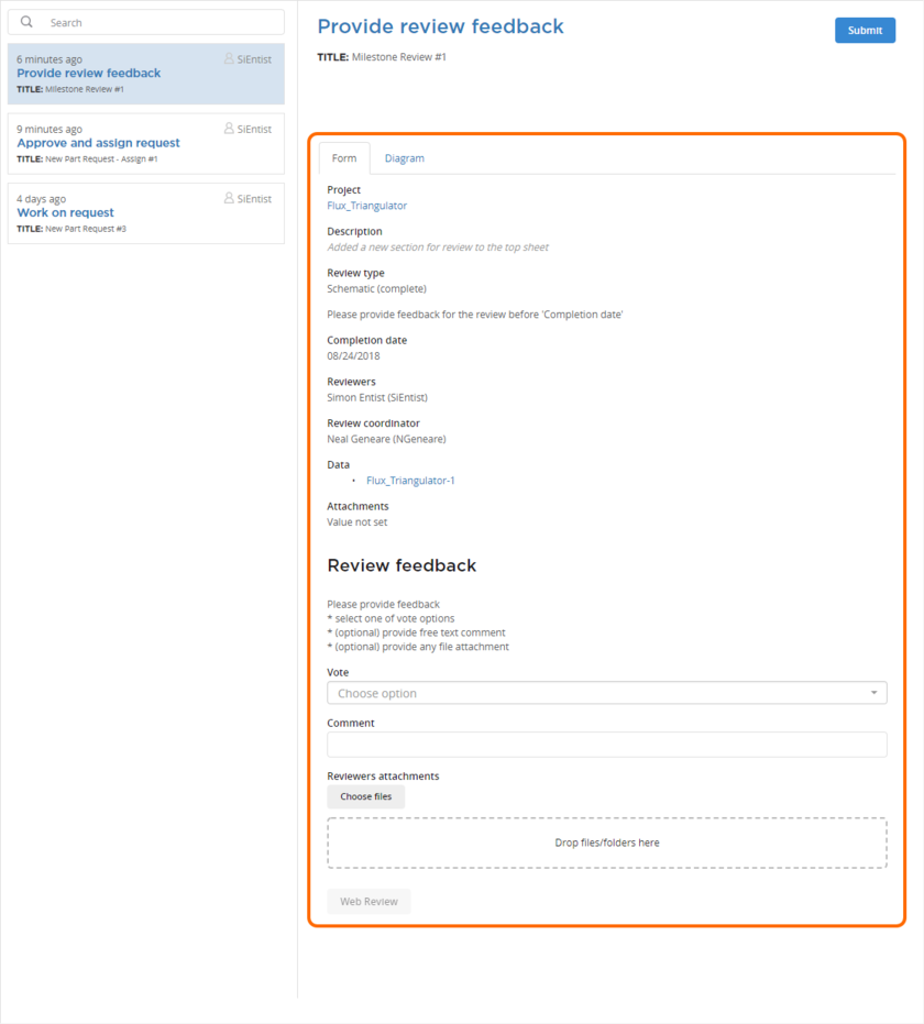 Example form for a user task associated with a design review process (Milestone Review). Hover the mouse over the image to see an example form for a part request process (New Part Request - Assign).