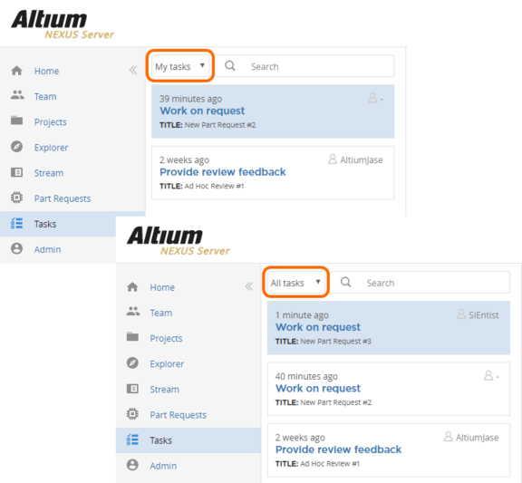 As an administrative user, you have the ability to switch bewteen viewing just your tasks, or tasks for all users.