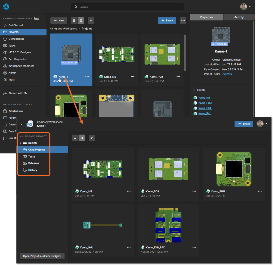 Open a Multi-board project to view and access its constituent projects in the Projects view. Full support of Multi-board projects is provided in Altium Designer.