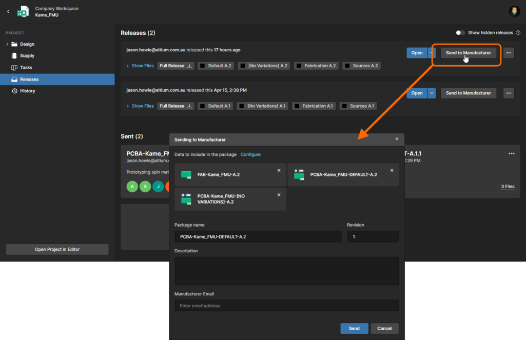 You can send (share) a specific release of a project directly with your manufacturer.
