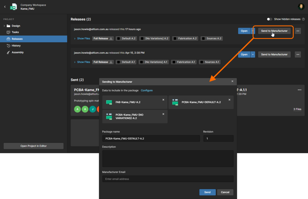 You can send (share) a specific release of a project directly with your manufacturer.