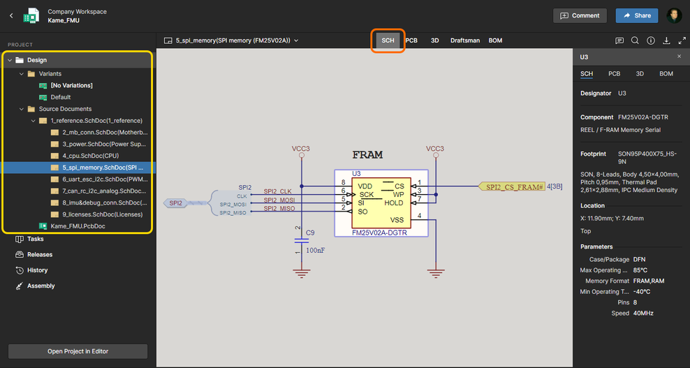 The Design view utilizes Altium 365's Web Viewer functionality to provide an immersive and interactive experience for reviewing the source schematic and PCB documents in your design project. Shown here is a schematic – hover over the image to see the PCB in 3D.