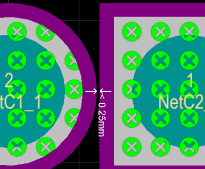 A solder mask sliver error shown on the left and a silk to solder mask clearance error on the right. The purple represents the solder mask expansion around each pad.
