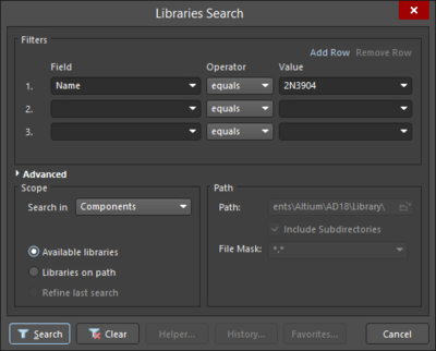 The Libraries Search dialog displayed in Simple mode (left) and Advanced mode (right).