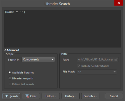 The Libraries Search dialog displayed in Simple mode (left) and Advanced mode (right).