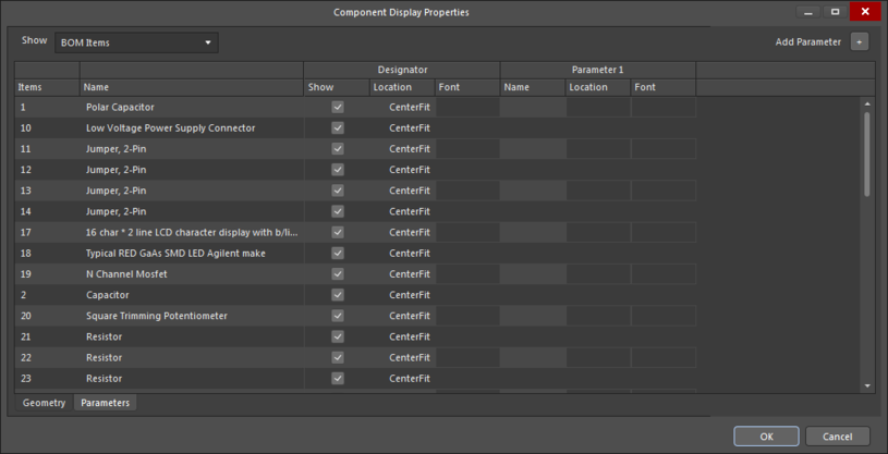 The Parameters tab of the Component Display Properties dialog