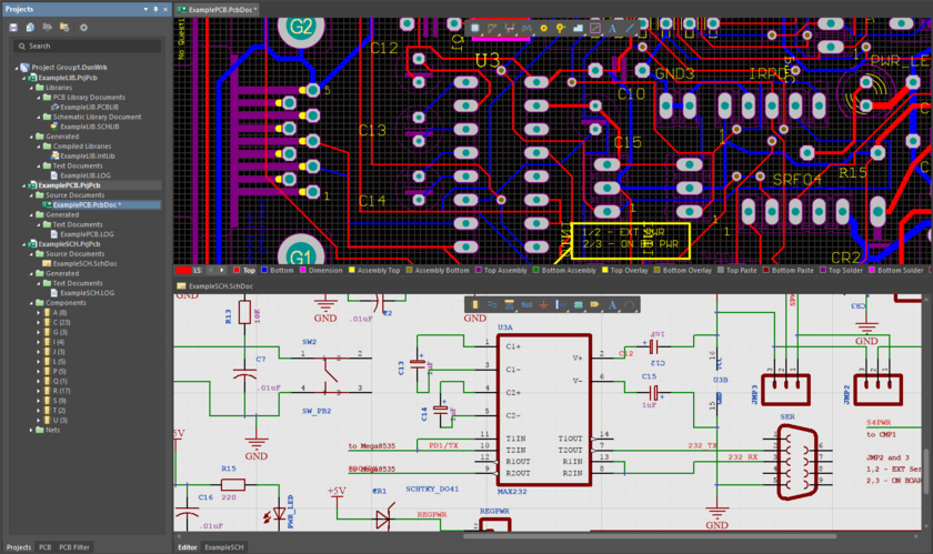 Resulting Altium NEXUS PCB projects, with opened schematic and PCB documents after importing EAGLE .pcb and .sch design files.