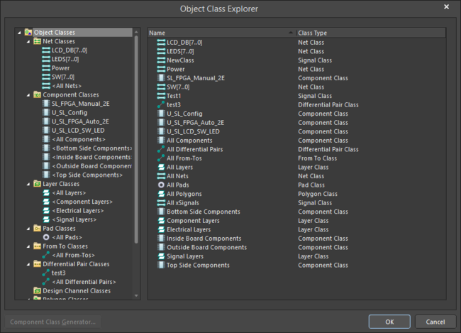 Диалоговое окно Object Class Explorer позволяет просматривать, создавать и изменять все классы, в том числе классы дифференциальных пар.