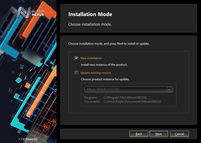 If you already have a previous installation of Altium NEXUS within the same version stream, you can choose to update that version.

Or, simply install as a separate unique instance.