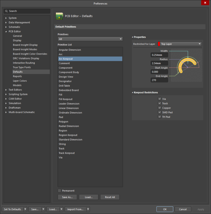 The Arc Keepout default settings in the Preferences dialog and the Keepout - Arc mode of the Properties panel.