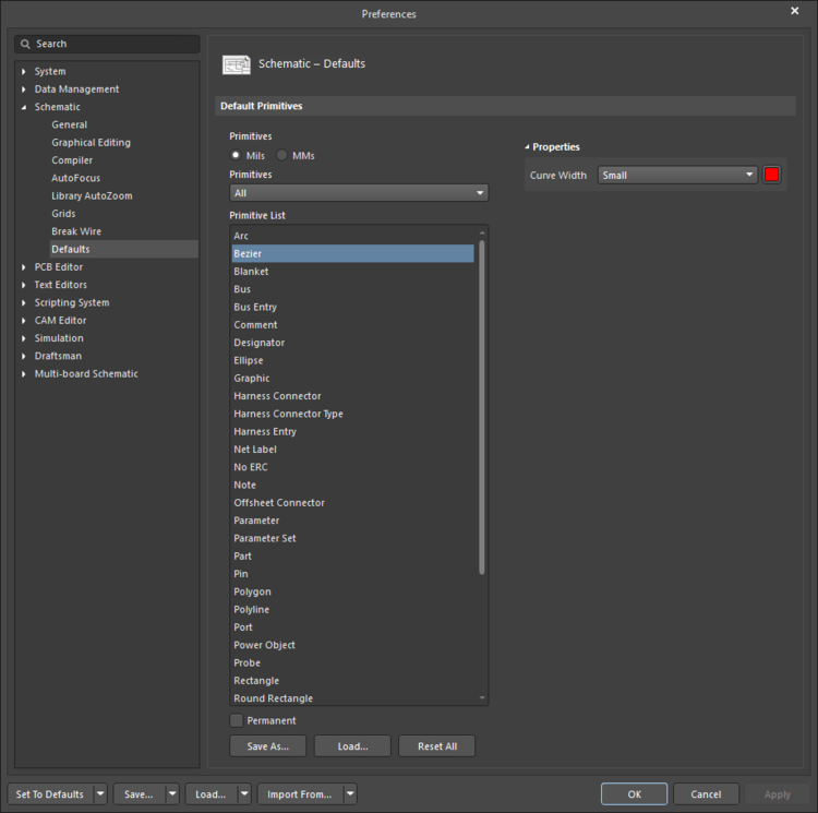 The Bezier default settings in the Preferences dialog and the Bezier mode of the Properties panel