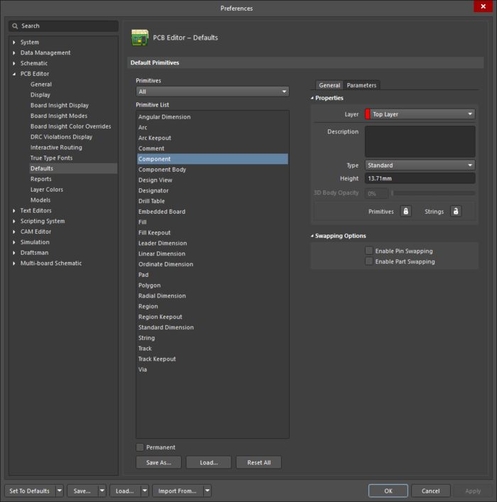 The Component default settings in the Preferences dialog and the Component mode of the Properties panel