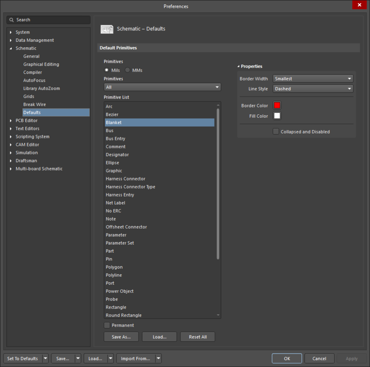The Blanket default settings in the Preferences dialog and the Blanket mode of the Properties panel