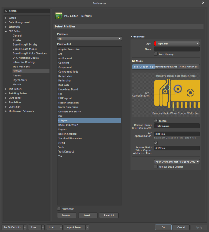 The Polygon default settings in the Preferences dialog and the Polygon Pour mode of the Properties panel