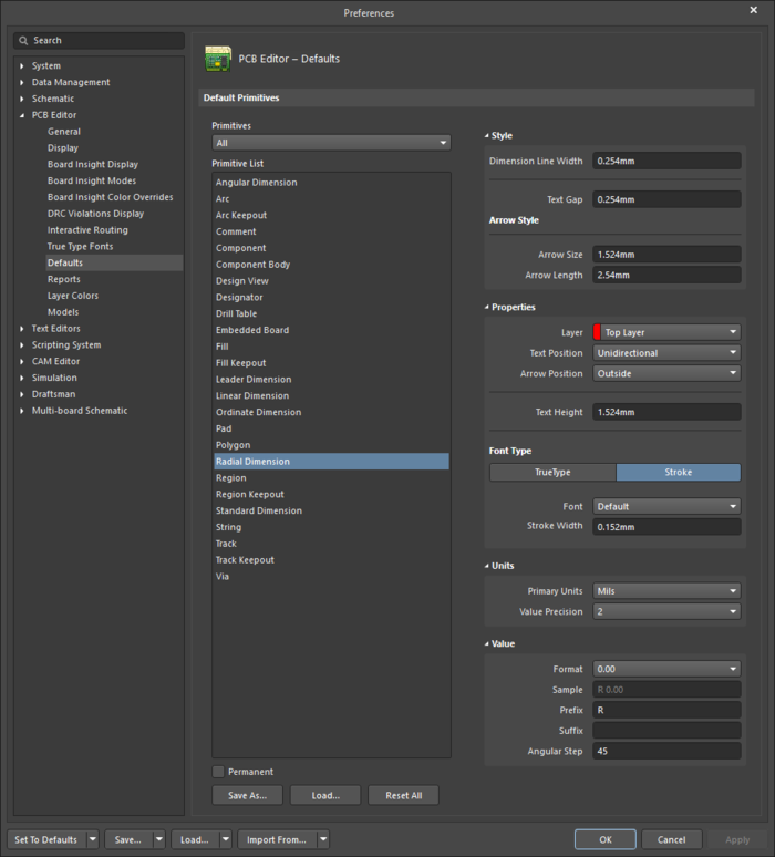 The Radial Dimension default settings in the Preferences dialog and the Radial Dimension mode of the Properties panel