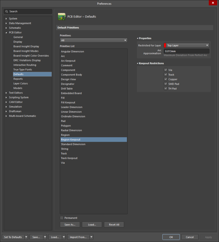 The Region Keepout default settings in the Preferences dialog and the Keepout - Region mode of the Properties panel