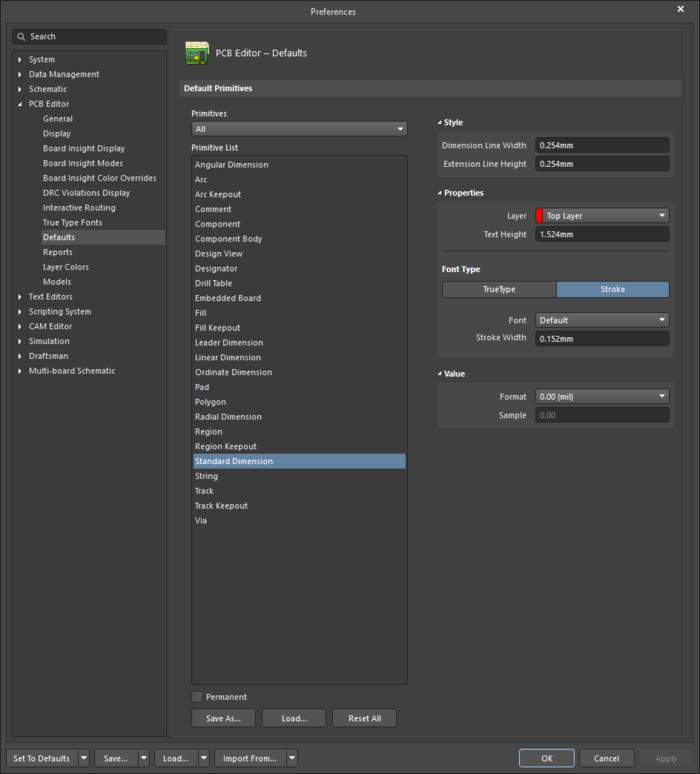 The Standard Dimension default settings in the Preferences dialog and the Dimension mode of the Properties panel