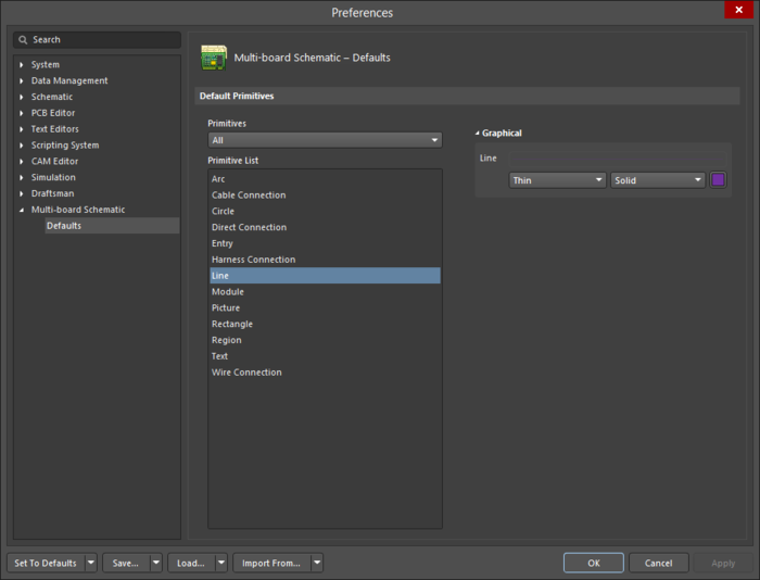 The Line object default settings in the Preferences dialog, and the Line mode of the Properties panel