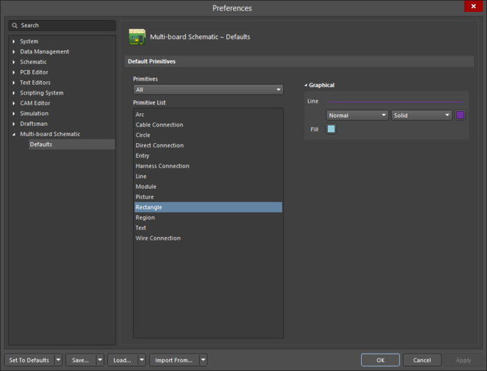 The Rectangle object default settings in the Preferences dialog, and the Rectangle mode of the Properties panel