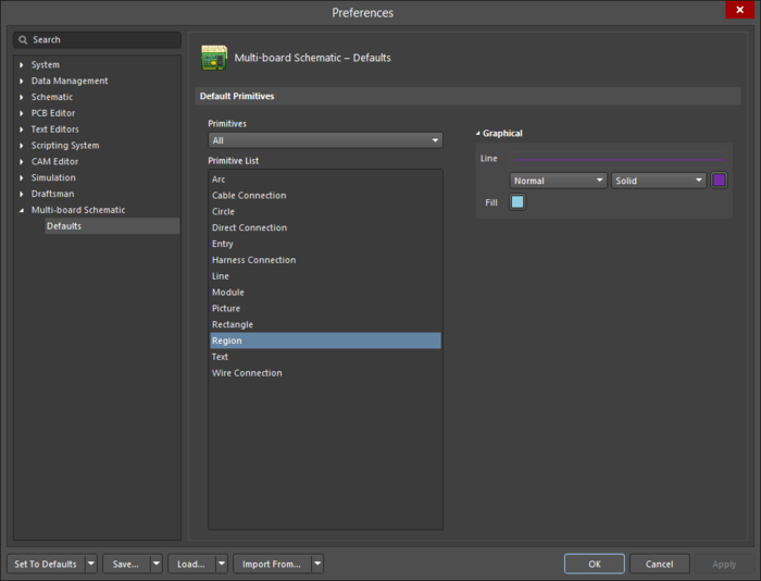 The Region object default settings in the Preferences dialog, and the Region mode of the Properties panel