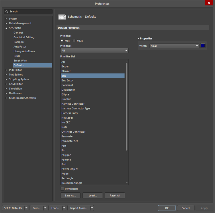 The Bus default settings in the Preferences dialog and the Bus mode of the Properties panel