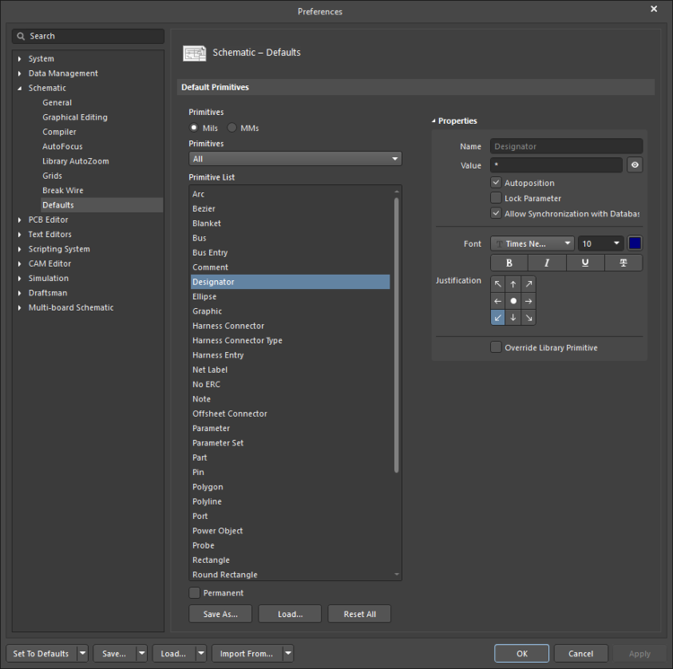 The Designator default settings in the Preferences dialog and the Designator mode of the Properties panel