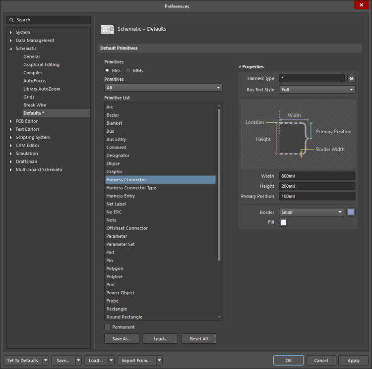 The Harness Connector default settings in the Preferences dialog and the Harness Connector mode of the Properties panel