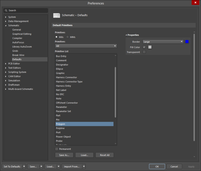 The Polygon default settings in the Preferences dialog and the Region mode of the Properties panel