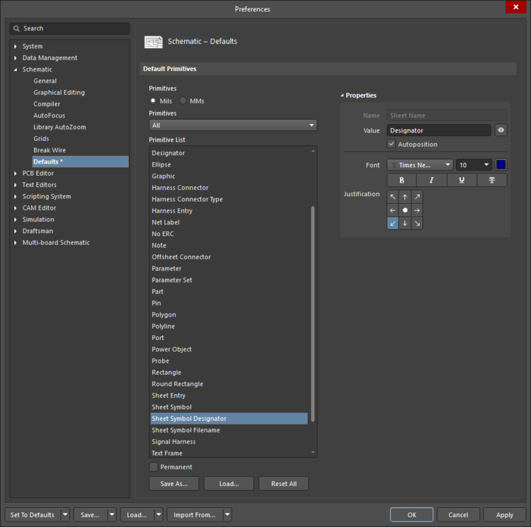 The Sheet Symbol Designator​ default settings in the Preferences dialog and the Parameter mode of the Properties panel