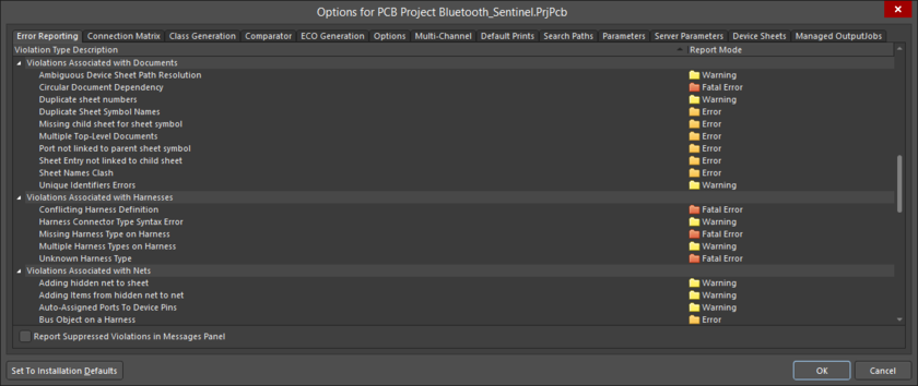 Checking the Error Reporting settings in the Project Options dialog.