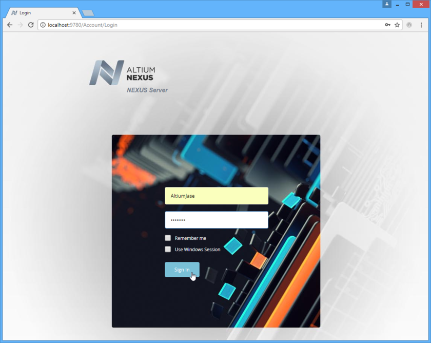 Access an Altium NEXUS Server, and its associated platform services, through a preferred external Web browser. Roll the mouse over the image to see the effect of successfully

signing in to the interface.