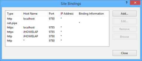 Configure bindings through the Site Bindings dialog.