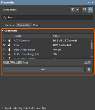 Left: Component user parameters in the Properties panel (Parameters tab). Right: An individual system parameter in the Properties panel.