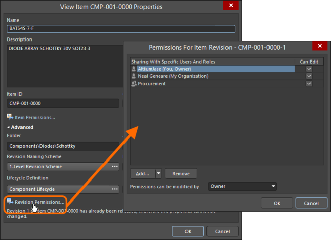 Access the Permissions For Item Revision dialog, with which to control how the Item Revision is shared with others.