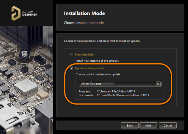 Choose to update an existing instance of Altium Designer during installation of a later version of the software.