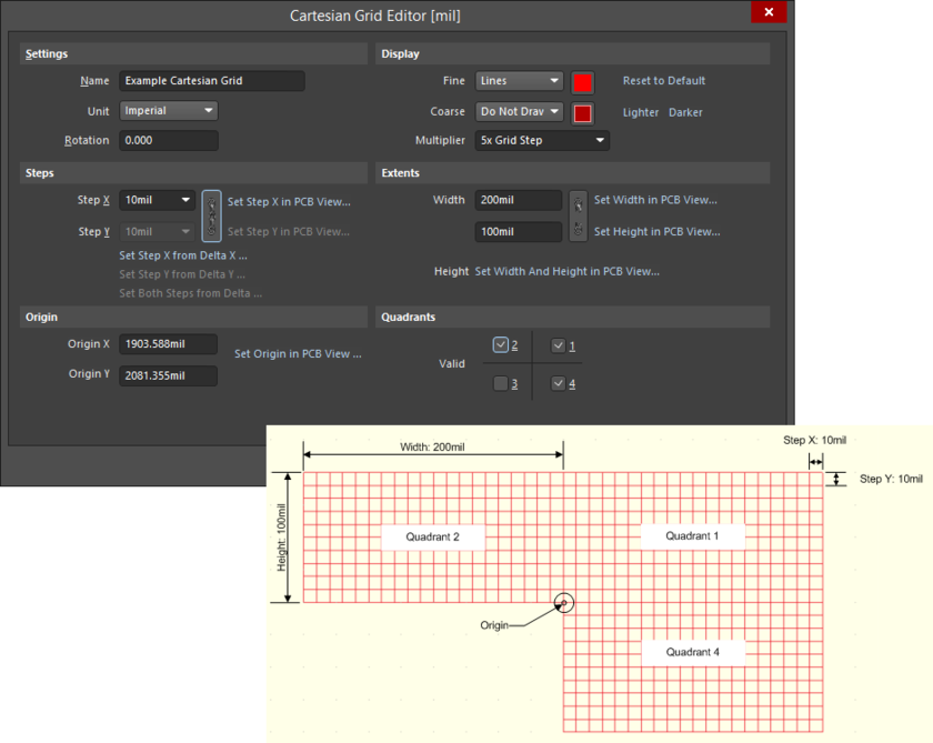 Example Cartesian grid definition, using the Cartesian Grid Editor dialog, and resulting appearance in the workspace.