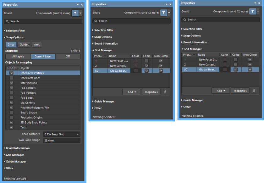 Access controls for the Unified Cursor-Snap System in the Properties panel, including the Snap Options, Grid Manager and Guide Manager.