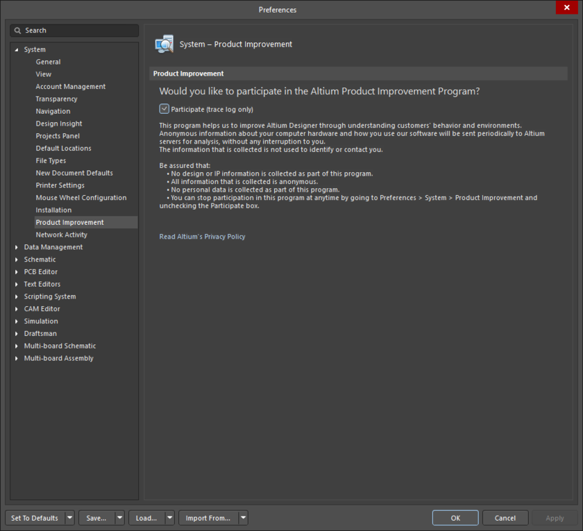 The System - Product Improvement page of the Preferences dialog