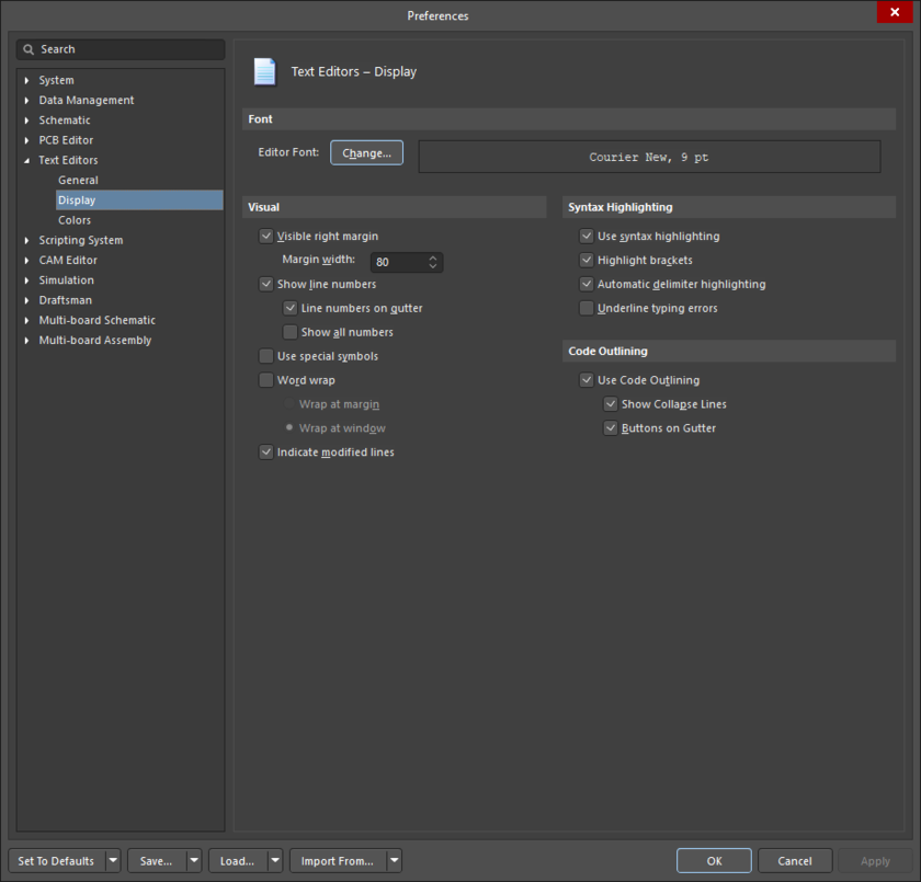 The Text Editors - Display page of the Preferences dialog