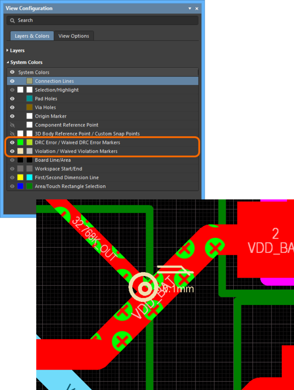 Specify different coloring for the two violation display types, and enable/disable their display as required.