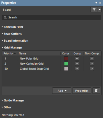 Properties panel, PCB editor Grid Manager section