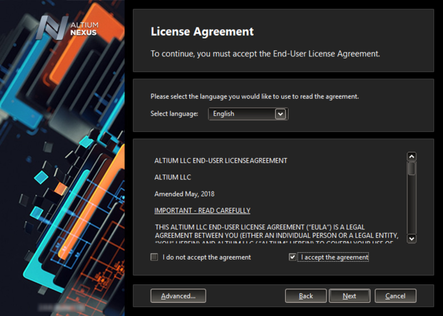 Read and accept Altium's End-User License Agreement.
