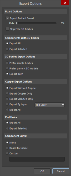 Export Options dialog accessed through PARASOLID