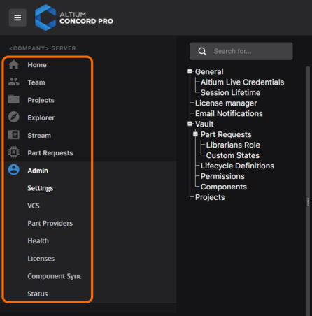 Once fully licensed, the full set of features become available on the navigation tree of

Concord Pro's browser interface.